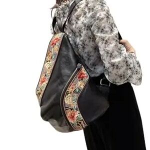 Leather backpack with embroidery